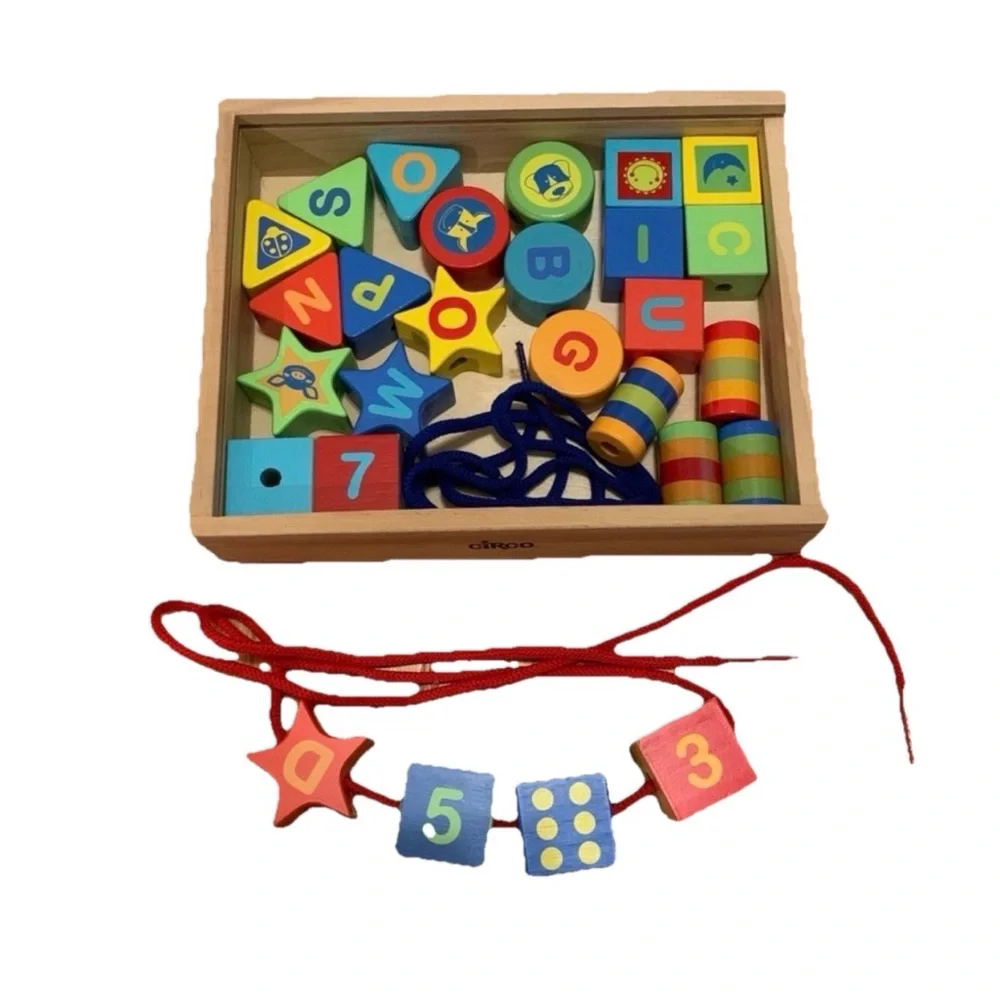 Circo Wooden Lacing Beads Alphabet Number Blocks Montessori Toy Set w/ Tray